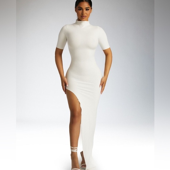 Naked wardrobe White The Snatched T Dress Short Sleeve Mock Neck Maxi W/Slit - Picture 8 of 8